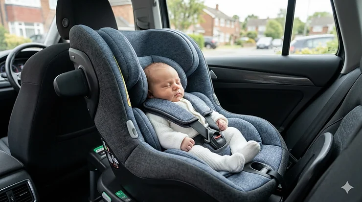 A newborn baby securely fastened in a rear-facing i-Size car seat inside a car, showing correct harness positioning and side-impact protection. newborn car seats