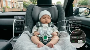 Illustration of a newborn correctly buckled into a lie-flat seat with the harness at shoulder height, following UK safety guidelines.