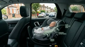 Illustration comparing a standard upright infant carrier vs a lie-flat car seat, highlighting optimal spinal alignment for babies.