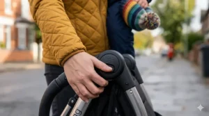Close-up of the handlebar trigger mechanism that makes it the easiest pushchair to fold one-handed.
