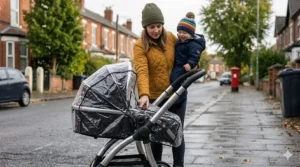 Folding a pushchair one-handed in the rain with a rain cover attached, highlighting ease of use in UK weather.