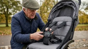 A comfortable, padded pushchair seat with an easy-to-fasten five-point safety harness.