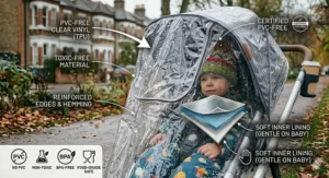 A toddler sits comfortably inside a pushchair protected by a certified PVC-free and non-toxic transparent rain cover during a wet day in London.