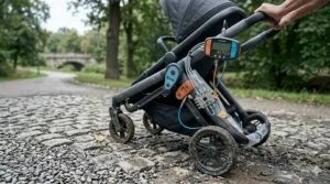 Close-up of premium, water-repellent fabrics on a pushchair hood, highlighting materials that resist fading and wear over time.
