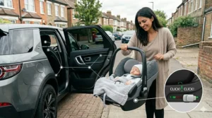 Close-up illustration of the R129 i-Size safety sticker found on lie-flat car seats sold in the United Kingdom