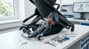 Demonstration of a smooth and reinforced folding mechanism on a sturdy pushchair designed for frequent daily use without mechanical failure.