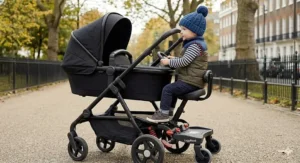 A child sitting on a buggy board with a saddle attachment for longer walks.