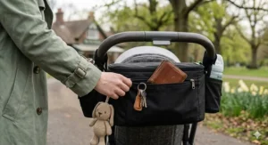 A secure zipped compartment on a pushchair organiser used for storing keys and a British leather wallet.
