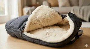 A high-resolution, photorealistic close-up showing the soft, natural sheepskin lining unzipped inside a charcoal grey quilted pram footmuff, emphasising warmth and comfort for cold weather.