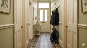 A narrow Victorian terraced house hallway with original encaustic floor tiles, featuring a dark grey narrow pushchair neatly folded against a sage-green wall to save space.