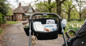 Top-down view of a spacious pram organiser interior holding nappies, wipes, and a spare muslin.