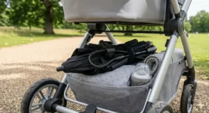 A sturdy windproof parasol for a pram staying secure during a breezy day in a British park.