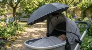 A stylish charcoal grey pram parasol that matches the fabric of a designer pushchair.