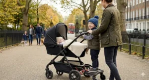 An older sibling happily riding a buggy board behind a newborn in a carrycot.