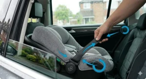 A technical illustration showing the blue-coded routing path for a three-point vehicle seat belt for non-ISOFIX car seat installations.