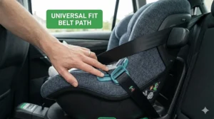 Illustration of a newborn car seat being secured using a standard 3-point vehicle seat belt for non-ISOFIX cars.