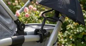 A universal clamp being tightened onto the frame of a modern grey pushchair.