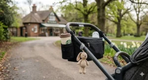 Close-up of adjustable velcro straps on a universal pram organiser fitting securely onto buggy handlebars.
