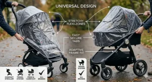 Diagram showing how a universal pram rain cover fits different types of baby transport, including compact strollers and full-sized travel systems.