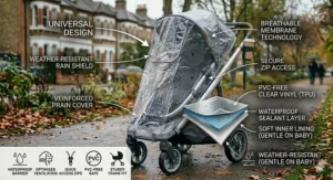 An exploded-view diagram of a universal pram weather shield showing the multiple layers of the waterproof material and breathable membrane technology.