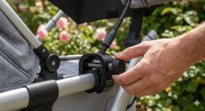 Close-up of a UPF 50 plus rated pram parasol fabric providing shade for a sleeping baby.