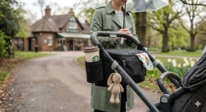 A waterproof pram organiser protecting personal belongings from light rain during an outdoor stroll.