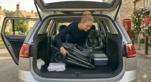 A mother loading a folded travel system into the boot, showing the space-saving compatibility with a 360 rotating car seat in the cabin.