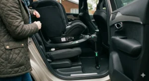 Close-up photorealistic illustration showing the 360-degree swivel action of a rotating car seat base, allowing a parent to easily reach the child.
