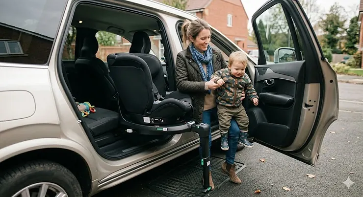 A photorealistic hero shot of a 360 rotating car seat base installed in a family SUV, with a toddler seat turned towards the open door for effortless boarding in a British suburb. 360 rotating car seat base