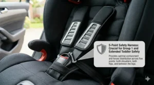 Detail of the 5-point safety harness on a Britax Evolva, highlighting the padded chest pads for comfort and safety.