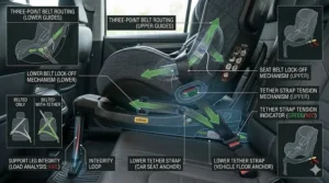 Illustration of an extended rear-facing seat installed using a three-point seat belt and lower tether straps.