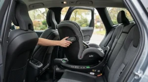 A photorealistic 4K detailed photograph inside a modern British Volvo showing the central Joie i-Spin 360 i-Size car seat actively rotating toward the open passenger door, with a hand gripping the release handle to demonstrate access.