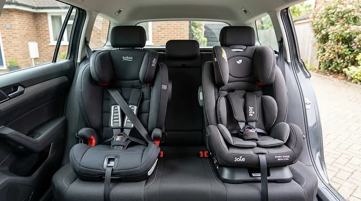 A side-by-side comparison of the Britax Evolva 1-2-3 and the Joie Every Stage car seats installed in a family car. britax evolva vs joie every stage