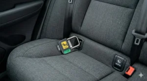 Alt text for image 3: Photorealistic close-up of a metal isofix anchor point and a yellow guide funnel marked i-size and R129 in a modern UK car rear seat.