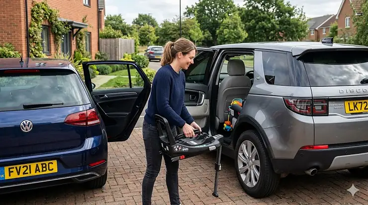 A parent transferring a universal ISOFIX car seat base between a blue Volkswagen hatchback and a silver Land Rover SUV on a brick driveway in the UK. car seat base for two cars