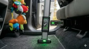 A car seat base support leg extended to the floor of a vehicle with a digital display showing the floor connection is secure.