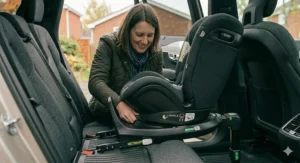 High-detail illustration of the extendable support leg on a rotating base, with a green light indicating it is firmly planted on the vehicle floor.