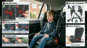 A safety checklist highlighting common errors such as twisted seat belts, loose tension, and incorrect lap belt placement.