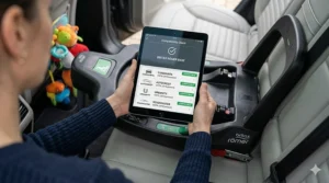 A person holding a tablet showing a compatibility check for a car seat base against various British car models and manufacturers.