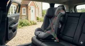 A diagram showing the correct 3-point adult seat belt routing through the red guides of a high-back booster seat.