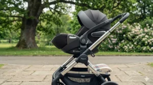 A Cybex car seat attached to a pushchair chassis using adapters, showing travel system compatibility in an English park.