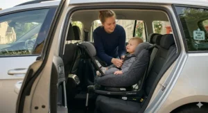 A 360 rotating car seat in the extended rear-facing position, with a mother adjusting the harness for a toddler's safety.