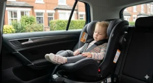 An affordable extended rear-facing car seat installed correctly in the back seat of a British car.