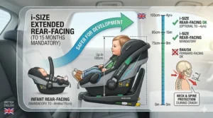 Diagram explaining the safety benefits of extended rear-facing travel, which is mandatory up to 15 months under i-size rules.