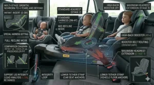A side-by-side comparison of a baby and a toddler using the same extended rear-facing car seat model.