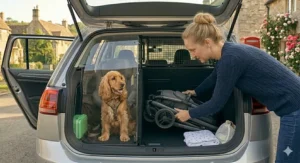 A family dog and folded pram in the boot of a car, demonstrating a practical UK lifestyle alongside a 360 rotating car seat.