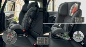 A detailed cutaway view showing the internal safety structure and secure 5-point harness buckle of a toddler car seat.