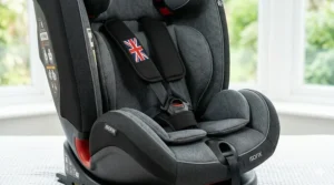 A photorealistic close-up photograph showcasing the 5-point safety harness on the unoccupied car seat, with an embroidered Union Jack on the shoulder padding and sharp R129 safety labels.