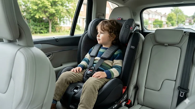A candid, photorealistic 4K photograph of a young child securely buckled into a dark grey Group 1-2-3 car seat featuring prominent Union Jack flags on the shoulder pads, installed in a family car in the UK. group 123 car seat