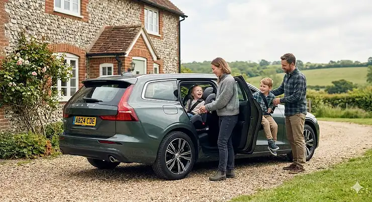 A photorealistic comparison of a Group 1 2 3 multi-stage car seat and a Group 2 3 high-back booster seat installed in a car outside a traditional British flint stone house. group 123 vs group 23 car seat